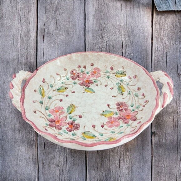 Vintage Italian Art Pottery Dish Bowl Hand Carved Hand Painted Dish With Handles - Picture 1 of 16